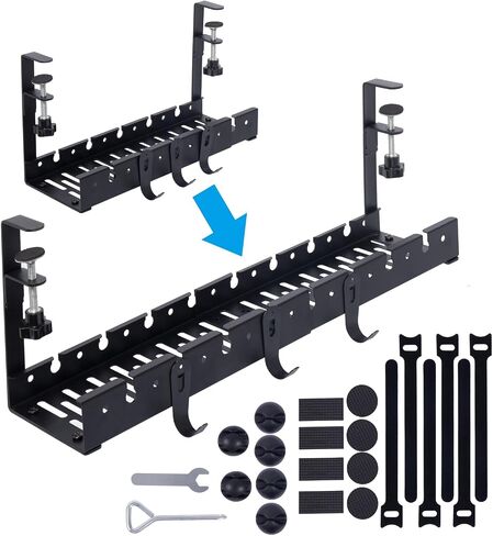 No Drill Under Desk Cable Management Tray, 21.9'' Retractable Metal Desk Wire Management with Clamp, Cord Organizers Tray Cable Holder, Power Strip Under Desk Rack for Home Office in Saudi Arabia