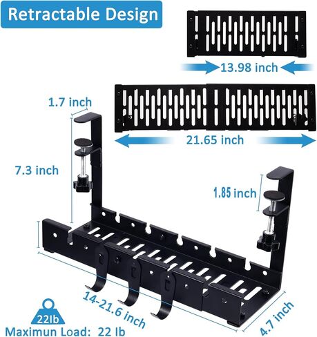 No Drill Under Desk Cable Management Tray, 21.9'' Retractable Metal Desk Wire Management with Clamp, Cord Organizers Tray Cable Holder, Power Strip Under Desk Rack for Home Office in Saudi Arabia