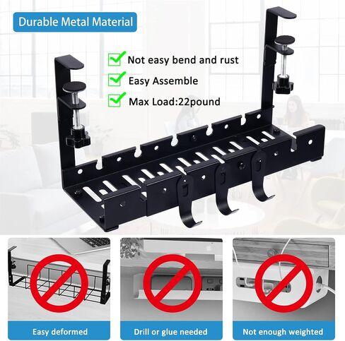 No Drill Under Desk Cable Management Tray, 21.9'' Retractable Metal Desk Wire Management with Clamp, Cord Organizers Tray Cable Holder, Power Strip Under Desk Rack for Home Office in Saudi Arabia