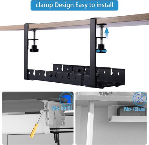 No Drill Under Desk Cable Management Tray, 21.9'' Retractable Metal Desk Wire Management with Clamp, Cord Organizers Tray Cable Holder, Power Strip Under Desk Rack for Home Office in Saudi Arabia