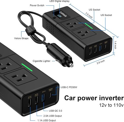 Leinsis 200W Car Power Inverter,2024 Latest Version Car Inverter 12v to 110v，Quick Charge PD 30W Type-C,QC3.0 USB-A,1.1A&2A USB-A, Overvoltage Protection, Key Switch, Voltage Display（Matte Black） in Saudi Arabia