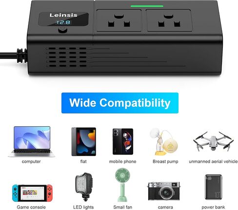 Leinsis 200W Car Power Inverter,2024 Latest Version Car Inverter 12v to 110v，Quick Charge PD 30W Type-C,QC3.0 USB-A,1.1A&2A USB-A, Overvoltage Protection, Key Switch, Voltage Display（Matte Black） in Saudi Arabia