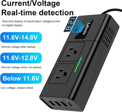Leinsis 200W Car Power Inverter,2024 Latest Version Car Inverter 12v to 110v，Quick Charge PD 30W Type-C,QC3.0 USB-A,1.1A&2A USB-A, Overvoltage Protection, Key Switch, Voltage Display（Matte Black） in Saudi Arabia