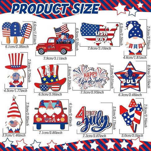 36 Pieces 4th of July Ornaments for Tree Independence Day Wooden Gnome Hanging Decor Red White Blue Wooden Decor Memorial Day Leprechaun Cutouts Pendant for Independence Day Party Home Supplies in Saudi Arabia