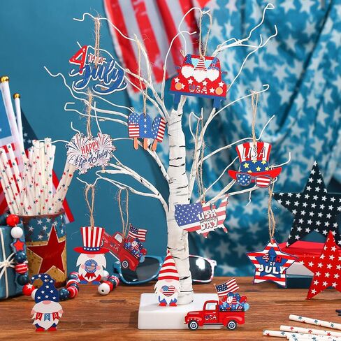 36 Pieces 4th of July Ornaments for Tree Independence Day Wooden Gnome Hanging Decor Red White Blue Wooden Decor Memorial Day Leprechaun Cutouts Pendant for Independence Day Party Home Supplies in Saudi Arabia
