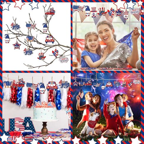 36 Pieces 4th of July Ornaments for Tree Independence Day Wooden Gnome Hanging Decor Red White Blue Wooden Decor Memorial Day Leprechaun Cutouts Pendant for Independence Day Party Home Supplies in Saudi Arabia