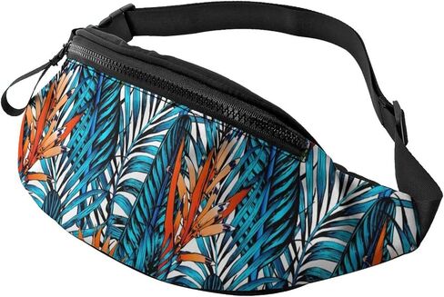 Tropical Blue Leaf Casual Fanny Waist Pack For Men Women Adjustable Belt Waist Bag For Traveling Hiking Cycling Running Festival Rave in Saudi Arabia