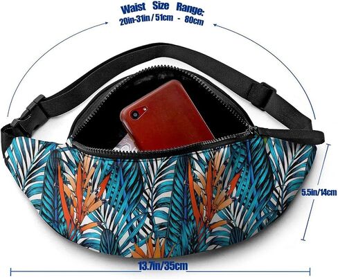 Tropical Blue Leaf Casual Fanny Waist Pack For Men Women Adjustable Belt Waist Bag For Traveling Hiking Cycling Running Festival Rave in Saudi Arabia
