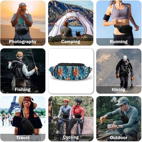 Tropical Blue Leaf Casual Fanny Waist Pack For Men Women Adjustable Belt Waist Bag For Traveling Hiking Cycling Running Festival Rave in Saudi Arabia