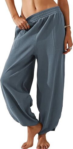 بنطال Hooever نسائي واسع الساق كاجوال فضفاض بجيوب Palazzo Harem Pants صالة in Kuwait