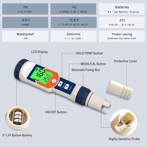 جهاز اختبار مياه الهيدروجين من Yewhick، مجموعة عداد درجة الحرارة 4 في 1 PH ORP H2، جهاز قياس درجة الحرارة H2 PPB/PPM، جهاز اختبار الهيدروجين المذاب لزجاجة مياه الهيدروجين، جهاز قياس درجة الحموضة الهيدروجيني الدقيق لمياه الشرب in Kuwait
