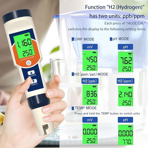 جهاز اختبار مياه الهيدروجين من Yewhick، مجموعة عداد درجة الحرارة 4 في 1 PH ORP H2، جهاز قياس درجة الحرارة H2 PPB/PPM، جهاز اختبار الهيدروجين المذاب لزجاجة مياه الهيدروجين، جهاز قياس درجة الحموضة الهيدروجيني الدقيق لمياه الشرب in Kuwait