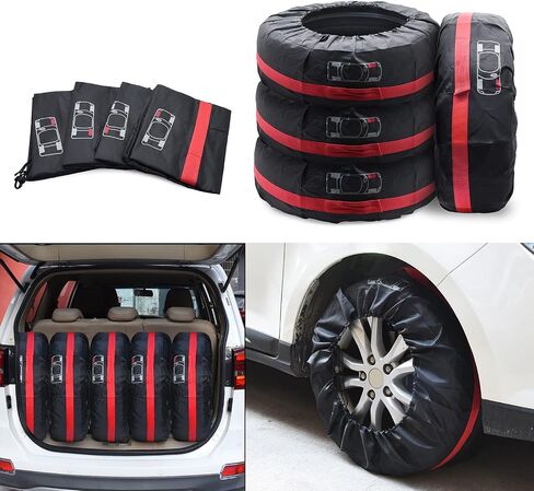 غطاء إطار سيارة جيلو، غطاء إطار احتياطي، حقائب إطارات موسمية، حقائب عجلات محمولة، غطاء إطار شتوي، مجموعة من 4 حقائب تخزين مع مقبض مناسب للإطارات من 13 بوصة إلى 18 بوصة (قطر 66 سم) - أسود/أحمر in Kuwait