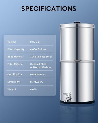 CO-Z Gravity-Fed Water Filter System, 2.25 Gallons Countertop Water Filtration System, 304 Stainless Steel Gravity Water Purifier with 2 Carbon Filters & Water Spigot, NSF/ANSI 42 Certification in Saudi Arabia