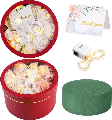 Nuenen 4 Pcs Valentine's Day Round Gift Boxes with Lids LED Lights Floral Foam Thank You Floral Greeting Cards Flower Arrangements Supplies for Birthday Wedding Bridesmaid Proposal(Black) in Saudi Arabia