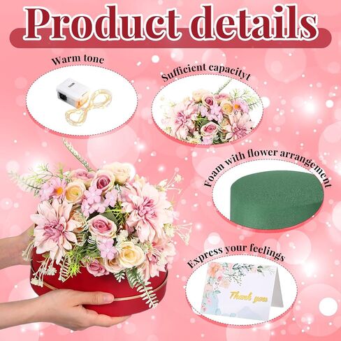 Nuenen 4 Pcs Valentine's Day Round Gift Boxes with Lids LED Lights Floral Foam Thank You Floral Greeting Cards Flower Arrangements Supplies for Birthday Wedding Bridesmaid Proposal(Black) in Saudi Arabia