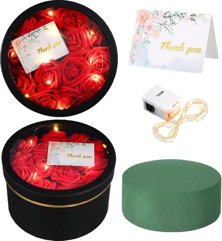 Nuenen 4 Pcs Valentine's Day Round Gift Boxes with Lids LED Lights Floral Foam Thank You Floral Greeting Cards Flower Arrangements Supplies for Birthday Wedding Bridesmaid Proposal(Black) in Saudi Arabia