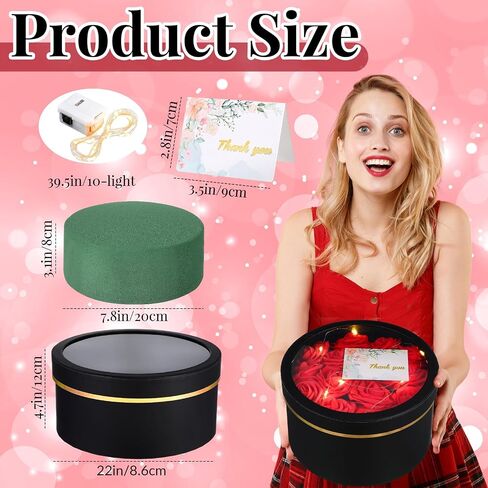 Nuenen 4 Pcs Valentine's Day Round Gift Boxes with Lids LED Lights Floral Foam Thank You Floral Greeting Cards Flower Arrangements Supplies for Birthday Wedding Bridesmaid Proposal(Black) in Saudi Arabia
