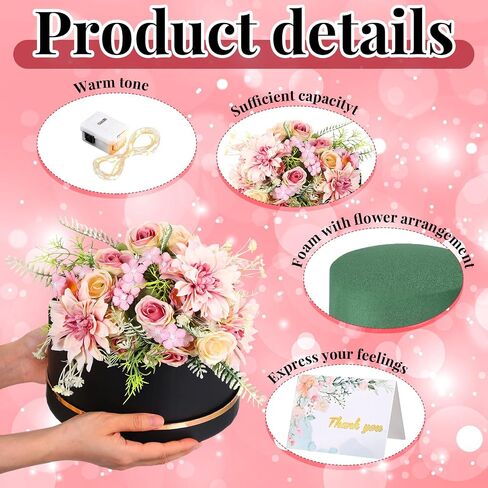 Nuenen 4 Pcs Valentine's Day Round Gift Boxes with Lids LED Lights Floral Foam Thank You Floral Greeting Cards Flower Arrangements Supplies for Birthday Wedding Bridesmaid Proposal(Black) in Saudi Arabia