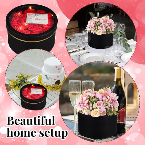 Nuenen 4 Pcs Valentine's Day Round Gift Boxes with Lids LED Lights Floral Foam Thank You Floral Greeting Cards Flower Arrangements Supplies for Birthday Wedding Bridesmaid Proposal(Black) in Saudi Arabia