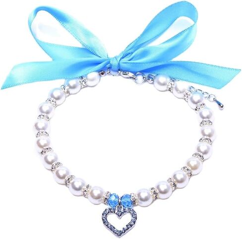 SKS PET TM Dog Cat Pearls Necklace Collar Bling Accessories Ribbon Love Charm Pendant Pet Puppy Jewelry for Female Puppy Chihuahua Yorkie Adjustable Handmade (L, Blue) in Saudi Arabia
