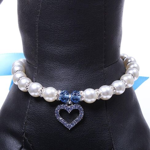 SKS PET TM Dog Cat Pearls Necklace Collar Bling Accessories Ribbon Love Charm Pendant Pet Puppy Jewelry for Female Puppy Chihuahua Yorkie Adjustable Handmade (L, Blue) in Saudi Arabia