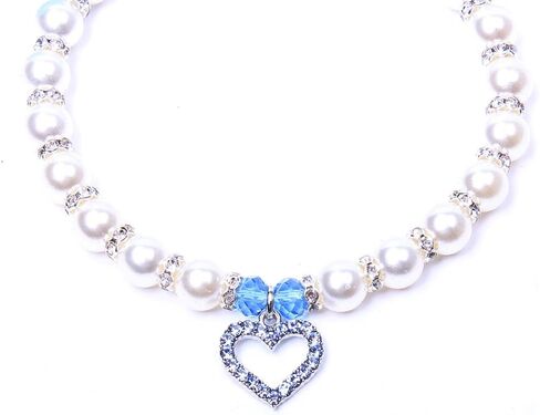 SKS PET TM Dog Cat Pearls Necklace Collar Bling Accessories Ribbon Love Charm Pendant Pet Puppy Jewelry for Female Puppy Chihuahua Yorkie Adjustable Handmade (L, Blue) in Saudi Arabia