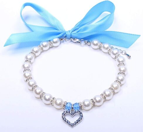SKS PET TM Dog Cat Pearls Necklace Collar Bling Accessories Ribbon Love Charm Pendant Pet Puppy Jewelry for Female Puppy Chihuahua Yorkie Adjustable Handmade (L, Blue) in Saudi Arabia
