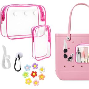 12 PCS Bogg Bag Accessories, 2 Pack Clear Bogg Beach Tote Bag with 2 Insert Hooks,8 PCS Charms for Bogg Bags Travel Makeup Clean Toiletry Brush Organizer Cosmetic Divider Storage Inner Pouch(Clear) in Saudi Arabia