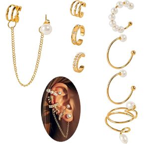 Luxe Pearl Gold Ear Cuff Set, Non-Piercing Earrings with Chain, Rhinestone Embellished Ear Clips, Fashion Jewelry for Women in Saudi Arabia