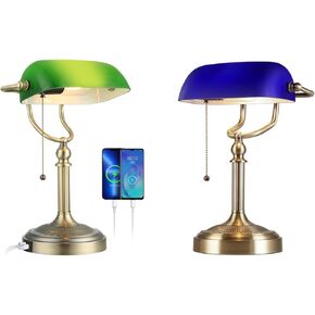 Newrays USB منفذ شحن سريع مصباح مكتب المصرفيين الزجاجي الأخضر ومصباح مكتب المصرفيين الزجاجي الأزرق in Kuwait