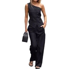 2 قطعة ملابس نسائية كتف واحد سترة بلا أكمام سترة مع السراويل بدلة رسمية البدلات الرسمية للنساء in Kuwait