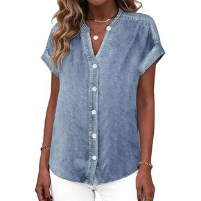 قميص جينز نسائي كاجوال من LOZ برقبة على شكل حرف V وأكمام قصيرة وأزرار سفلية، قمصان فضفاضة للربيع والصيف in Kuwait