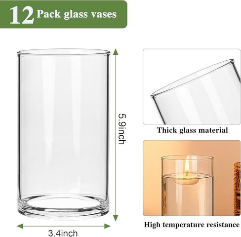 مزهريات أسطوانية زجاجية شفافة للقطع المركزية، 12 قطعة مزهرية زهرة برعم سميكة 6 بوصة وحامل شموع عائمة، مجموعة اسطوانات شموع زجاجية، ديكورات الزفاف، طاولة الطعام وهدية ديكور المنزل in Kuwait