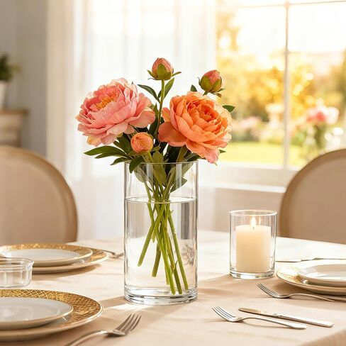 مزهريات أسطوانية زجاجية شفافة للقطع المركزية، 12 قطعة مزهرية زهرة برعم سميكة 6 بوصة وحامل شموع عائمة، مجموعة اسطوانات شموع زجاجية، ديكورات الزفاف، طاولة الطعام وهدية ديكور المنزل in Kuwait