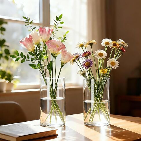 مزهريات أسطوانية زجاجية شفافة للقطع المركزية، 12 قطعة مزهرية زهرة برعم سميكة 6 بوصة وحامل شموع عائمة، مجموعة اسطوانات شموع زجاجية، ديكورات الزفاف، طاولة الطعام وهدية ديكور المنزل in Kuwait