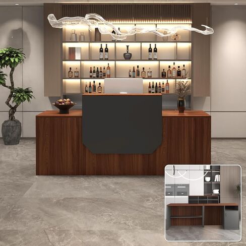 طاولة مكتب الاستقبال الحديثة، مكتب أمامي 78.7 بوصة مع أرفف تخزين مفتوحة، طاولة خروج خشبية كبيرة للبيع بالتجزئة، حلقة كابل، للمكتب، الصالون، الردهة، المتاجر، المنزل، الفندق (الجوز، 78.7 بوصة) in Kuwait