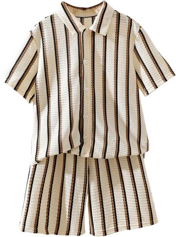 Boy's Two Piece Striped Outfit Button Down Shirt Elastic Waist Shorts Vacation Matching Set in Saudi Arabia