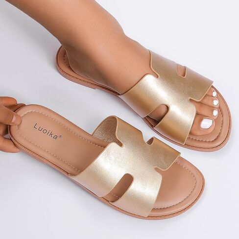Luoika Women's Wide Width Flat Slides Sandals, Casual Comfortable Summer Beach Shoes Slip on Slide Sandal for Women. in Saudi Arabia