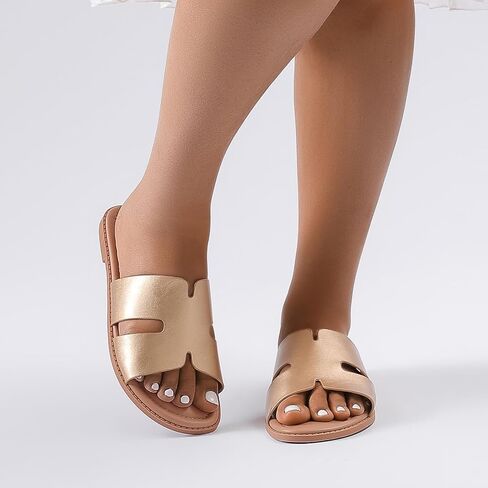 Luoika Women's Wide Width Flat Slides Sandals, Casual Comfortable Summer Beach Shoes Slip on Slide Sandal for Women. in Saudi Arabia