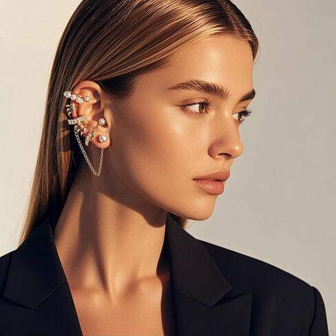 Luxe Pearl Gold Ear Cuff Set, Non-Piercing Earrings with Chain, Rhinestone Embellished Ear Clips, Fashion Jewelry for Women in Saudi Arabia