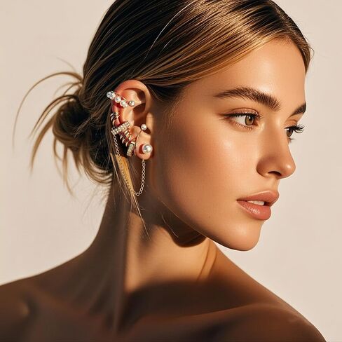 Luxe Pearl Gold Ear Cuff Set, Non-Piercing Earrings with Chain, Rhinestone Embellished Ear Clips, Fashion Jewelry for Women in Saudi Arabia