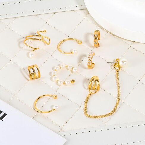 Luxe Pearl Gold Ear Cuff Set, Non-Piercing Earrings with Chain, Rhinestone Embellished Ear Clips, Fashion Jewelry for Women in Saudi Arabia