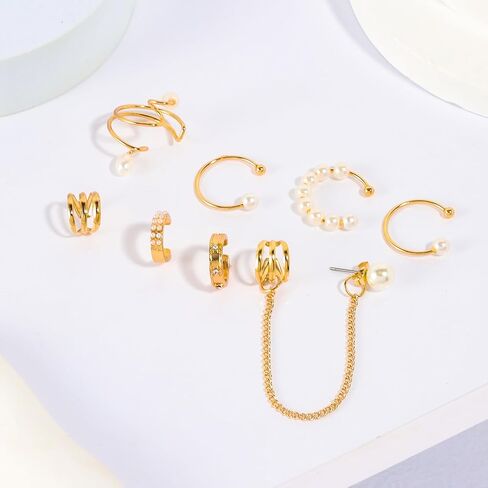 Luxe Pearl Gold Ear Cuff Set, Non-Piercing Earrings with Chain, Rhinestone Embellished Ear Clips, Fashion Jewelry for Women in Saudi Arabia