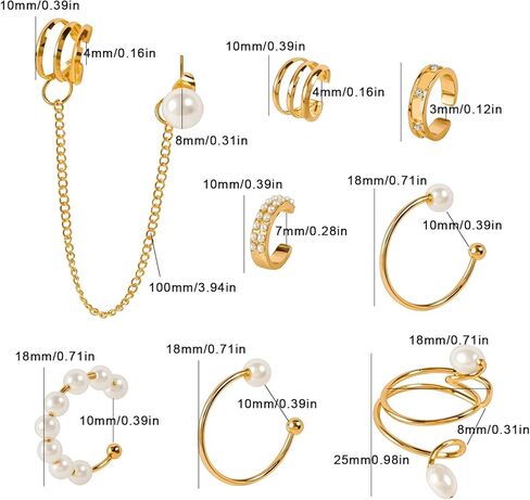 Luxe Pearl Gold Ear Cuff Set, Non-Piercing Earrings with Chain, Rhinestone Embellished Ear Clips, Fashion Jewelry for Women in Saudi Arabia