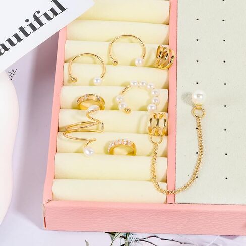 Luxe Pearl Gold Ear Cuff Set, Non-Piercing Earrings with Chain, Rhinestone Embellished Ear Clips, Fashion Jewelry for Women in Saudi Arabia