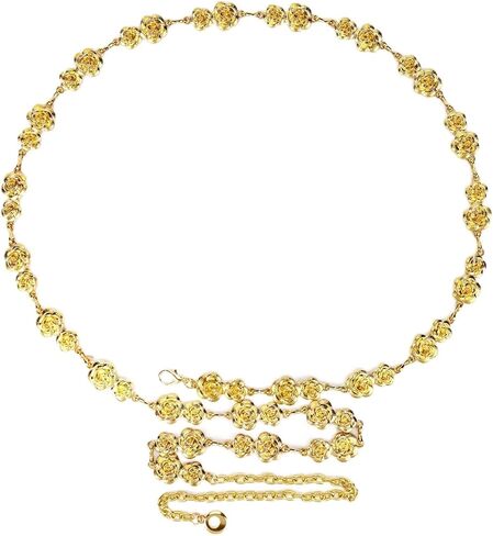 Linkidea Plus Size Chain Belt for Women, Rose Metal Chain Belt Women Belly Waist Chains, Extra Long Body Chain, 69 Inch Adjustable Chunky Belt Chain (XXXL), XXX-Large, Gold, ELJ-015-02 in Saudi Arabia