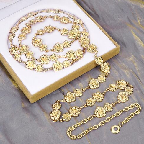 Linkidea Plus Size Chain Belt for Women, Rose Metal Chain Belt Women Belly Waist Chains, Extra Long Body Chain, 69 Inch Adjustable Chunky Belt Chain (XXXL), XXX-Large, Gold, ELJ-015-02 in Saudi Arabia