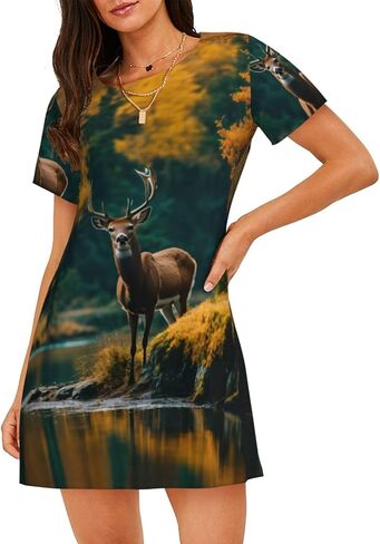 Deer Bear Moose Print Stylish Short Sleeve Nightdress Round Neck Elegance Sleepwear Fits All Body Types in Saudi Arabia