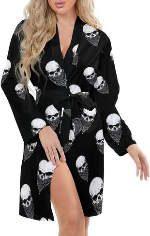 Bandana Skull Women's Print Robe Long Sleeve Belted Night Robes Sleepwear Loungewear in Saudi Arabia